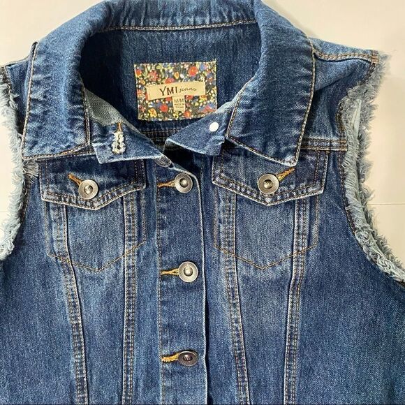 YMI Denim Jean Vest Juniors Medium Button Front Sleeveless Fringe Deep Pockets - Picture 4 of 5